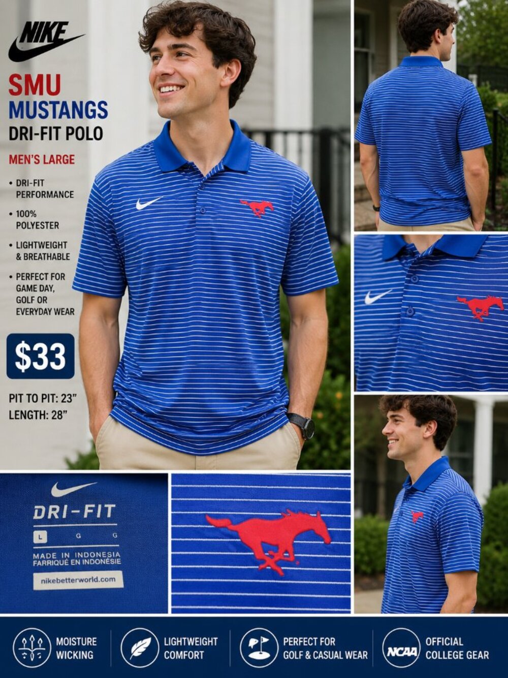Nike Dri-FIT SMU Mustangs Polo Men’s L Blue NCAA Golf Shirt